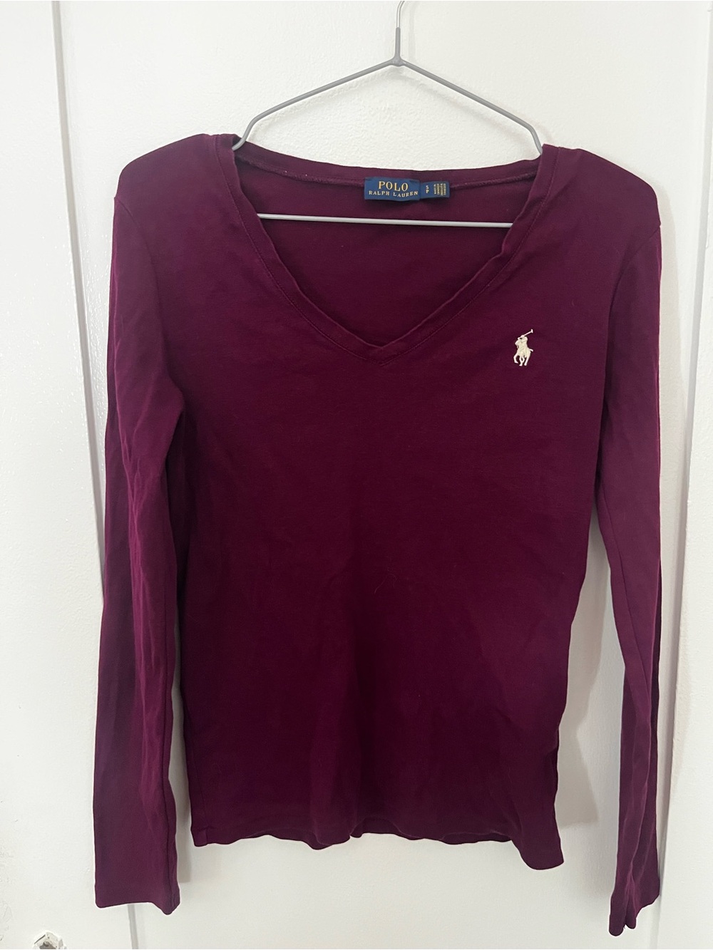 Polo by Ralph Lauren Women's V-Neck Long Sleeve Tee, Size S - Burgundy